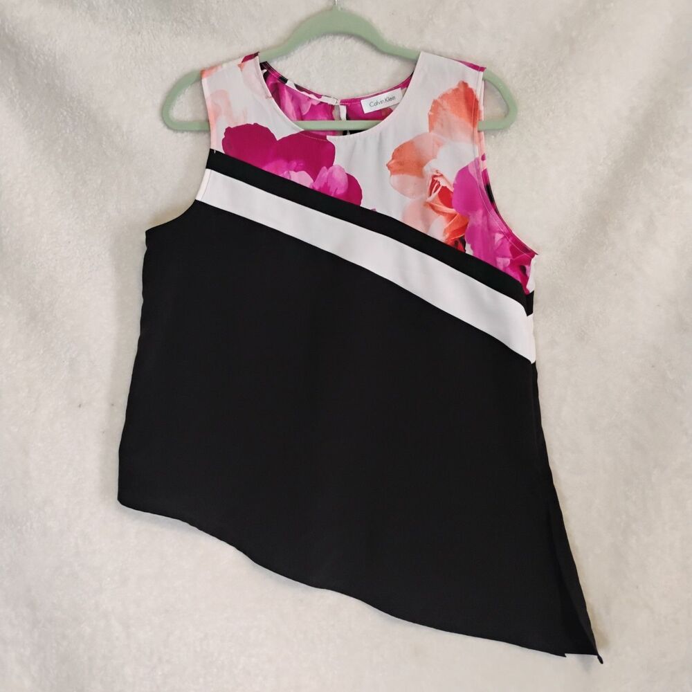 Calvin Klein Floral Colorblock Large Sleeveless Top Asymmetric Hem Shell Blouse